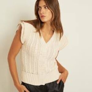 New Feller Clothing Giselle Ruffle Cardigan Cable Knit Button Front Natural M
